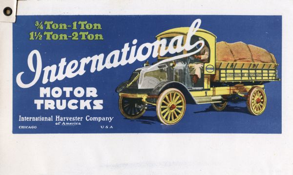Billboard design for International Motor Trucks. The billboard features an illustration of a truck bearing the text: "Armour Company" and text that reads: "3/4 Ton - 1 Ton; 1 1/2 Ton - 2 Ton," and "International Motor Trucks. International Harvester Company of America. Chicago USA" set against a blue background.