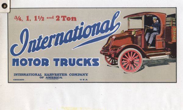 Billboard design for International motor trucks featuring an illustration of a man driving a red truck with the initials "UTC" marked on its body. The text on the billboard reads: "3/4, 1, 1 1/2, and 2 Ton International Motor Trucks. International Harvester Company of America (Incorporated). Chicago, USA."