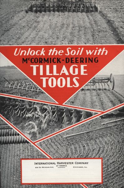 Cover of an advertising brochure with the title "Unlock the Soil with McCormick-Deering Tillage Tools." The cover includes illustrations of harrows and cultivators.