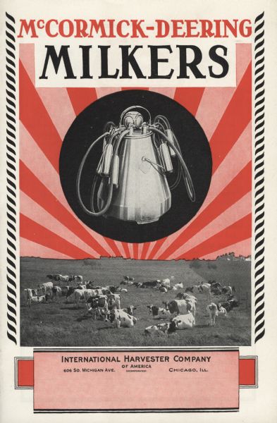 Cover of a brochure for McCormick-Deering Milkers, featuring a photograph of cows in a field.