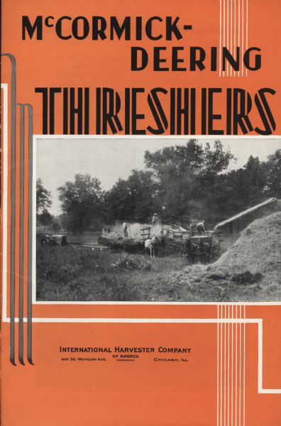 Cover of an advertising brochure for McCormick-Deering Threshers. Features a photograph of men working in a field with horses.