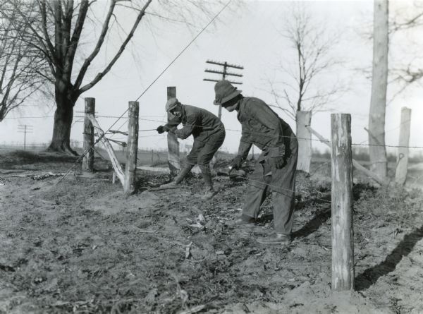 Two men stretching wire while putting up a barbed wire fence on the Frank Laramore farm.