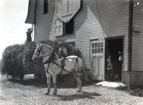 A boy wearing a cowboy hat is sitting on the back of a horse as a man hoists hay into a hayloft using a pulley system. Another boy is standing in the barn doorway. The photograph was staged on Rogers Farm to demonstrate a farm hazard.