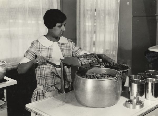 Woman in a kitchen using a Burpee bean cutter to slice green beans before canning. The photograph was taken at Harvester Farm.