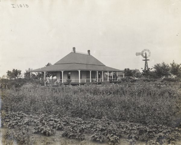 View over front garden of a single-story farmhouse with a wrap-around porch. A woman is sitting in a rocking chair on the porch. Other farm buildings and a windmill are in the background.