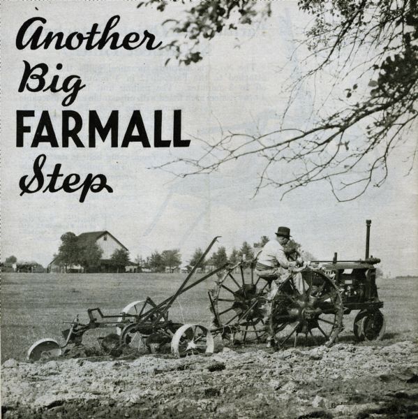 Back cover of an advertising brochure for the Farmall F-12 tractor. Features a photograph of a man on a tractor in a field.