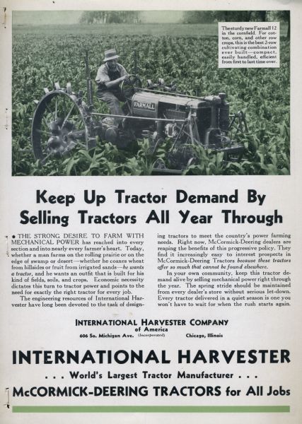 Advertisement showing a farmer with a Farmall F-12 tractor in a cornfield.