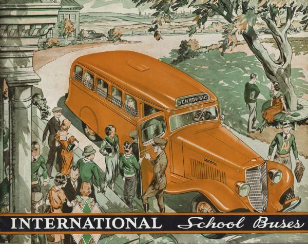 Cover of an advertising brochure for International school buses. Features an illustration of a bus driver holding the door open for students to enter.