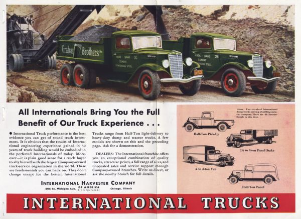 Advertisement for International trucks showing a crane and dump trucks with the name "Graham Brothers" on the side. Includes the text: "All Internationals bring you the full benefit of our truck experience."