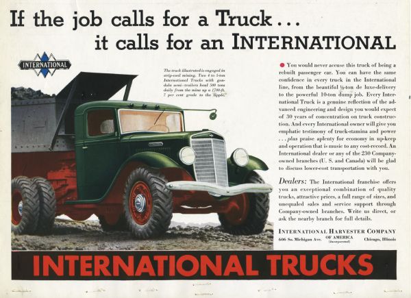International Trucks advertisement. Cover reads: "If the job calls for a Truck... it calls for an International." A caption indicates that "the truck illustrated is engaged in strip-coal mining."