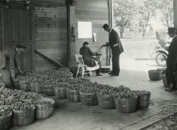 A customer offers payment for fruit to a woman sitting at a small desk inside an orchard shed. Multiple rows of bushel baskets filled with peaches are lined up behind them. Two men are standing nearby.