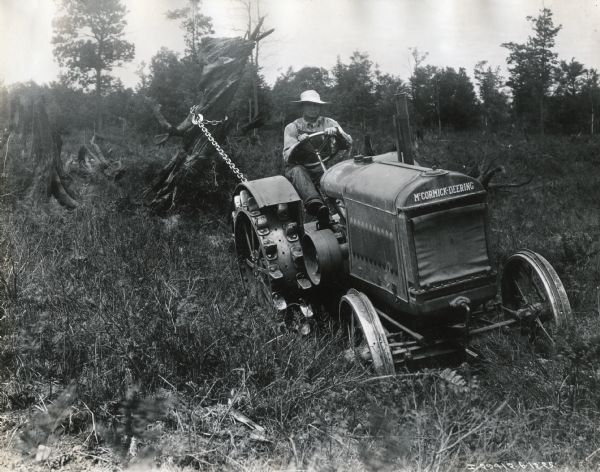 A man uses a McCormick-Deering tractor to remove a tree stump from a tract of cutover farm land. The stump is attached to the tractor with a chain.