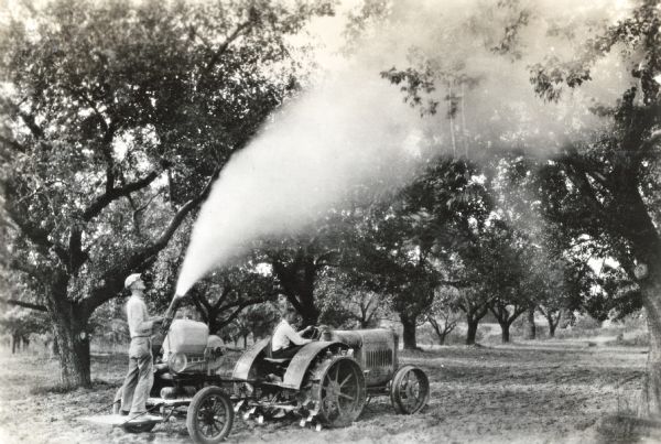 A man drives an International tractor through an orchard while another man uses an orchard sprayer to apply what is probably pesticide to the trees.