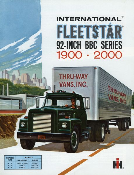 Cover of a brochure advertising International Fleetstar BBC Series 1900 and 2000 semi-trucks. The cover features the IHC logo and an illustration of a man driving a truck along a road passing a factory near a city.