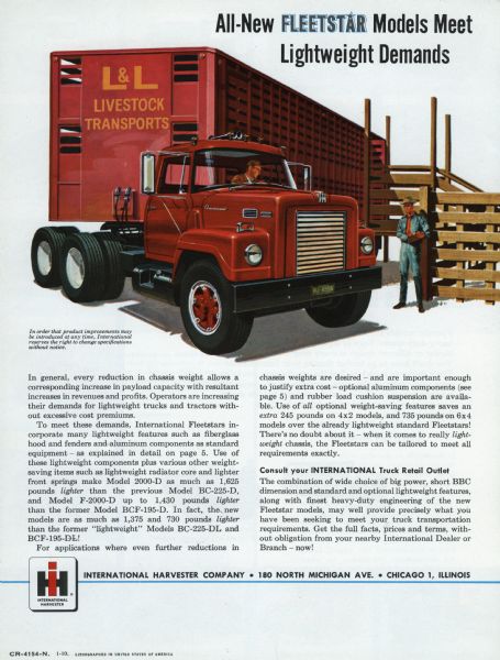 Back cover of a brochure advertising International Harvester's Fleetstar semi-truck. The cover features text describing the vehicle and an illustration of a truck used for livestock transport. Includes the text: "All-new Fleetstar models meet lightweight demands."