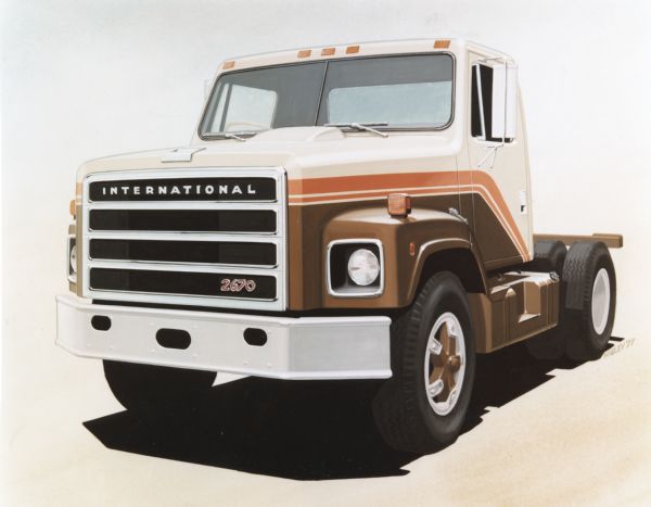 Illustration showing the front and driver's side of an International Model 2670 truck cab.