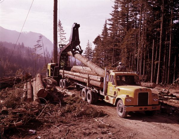 A man supervises the placement of logs onto the trailer of an International D-405 truck owned by Dougherty & Zion. The truck is parked on a dirt road running through a forested area and mountains are in the distance.