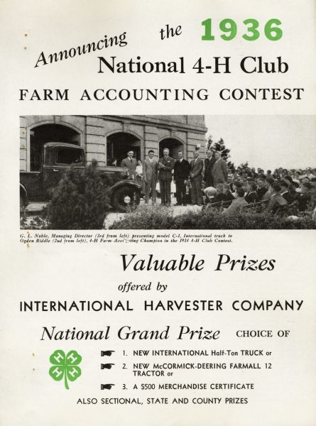 Advertising flyer promoting the National 4-H Club Farm Accounting Contest. The flyer describes prizes provided by International Harvester Company, and includes a photograph of 1934 winner Ogden Riddle.