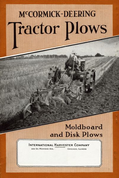 Cover of an advertising catalog featuring both moldboard and disk plows. Features a photograph from the rear of a man driving a tractor with a plow through a field.