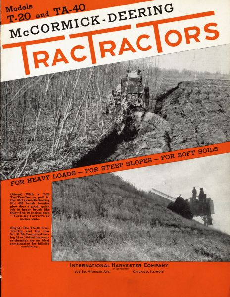 Cover of a brochure for McCormick-Deering T-20 and TA-40 TracTracTors (crawler tractors), "For Heavy loads — For Steep Slopes — For Soft Soils."