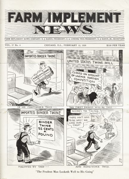 A cartoon from "Farm Implement News" stressing the importance of buying domestic binder twine.