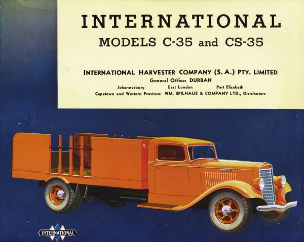 Cover of an International C-35 and CS-35 brochure distributed by IHC South Africa. The cover lists locations for five South African branch houses and includes a color illustration of a C-35 truck.