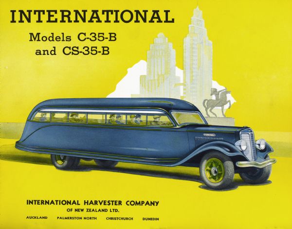 Cover of an advertising flyer for International C-35-B and CS-35-B trucks. Includes a color illustration of a bus filled with passengers in a city. Cover indicates that this brochure was made for IH New Zealand.