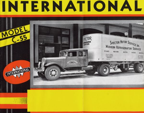 Cover of an advertising brochure for the International C-55 truck. Features the International Triple Diamond logo, and a photograph of a C-55 truck operated by Brocco and Zadra, St. Louis, Missouri.
