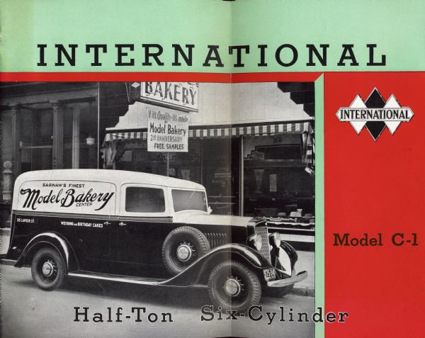Cover of an advertising brochure for the International C-1 truck. Includes the International Triple Diamond logo, and an illustration of a C-1 truck operated by Model Bakery in Saginaw, Michigan.