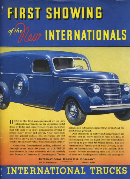 Advertising proof for International trucks featuring a color illustration of an International light-duty truck and the text: "First Showing of the New Internationals."