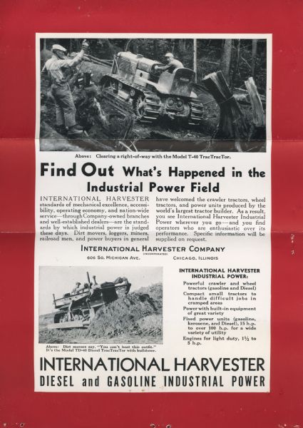 Advertising flyer for International Harvester diesel and gasoline industrial power. Features two photographs showing International TracTracTors (crawler tractors) landscaping. Original caption reads: "Find Out What's Happened in the Industrial Power Field."