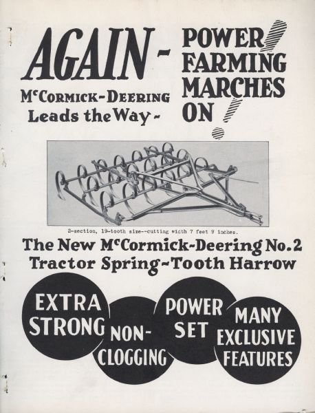McCormick-Deering No.2 tractor spring tooth harrow brochure.  "Again — Power Farming Marches On! McCormick-Deering Leads the Way."
