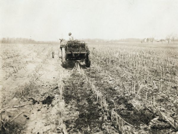 Rear view of a man wearing a hat operating a horse-drawn manure spreader in a field pulled by two horses. A dog is running along a row beside the manure spreader. The original caption reads: "Berney Stuettgerr, Richfield, Wis. R#1."