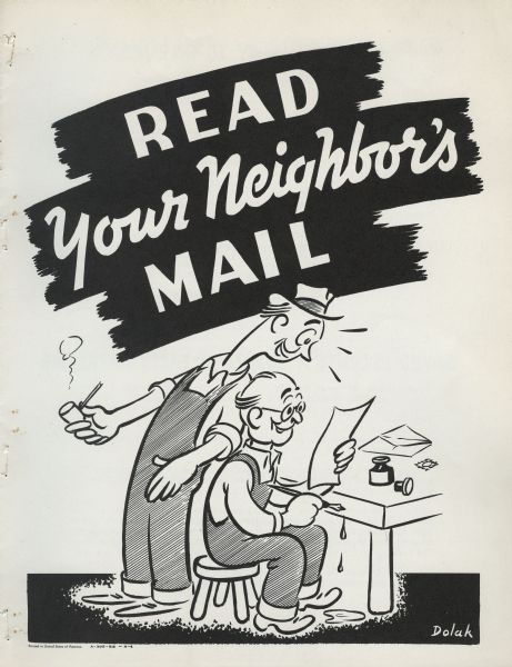 Cover of an advertising brochure with testimonial letters from International Harvester customers. Features a drawing of a man looking over the shoulder of another man while he reads, under the title: "Read Your Neighbors Mail."