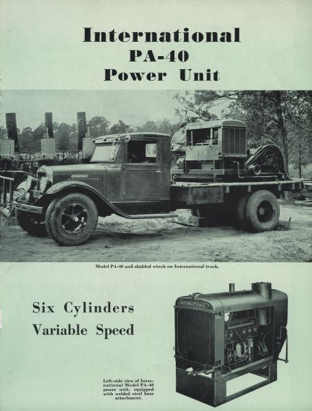 Cover of an advertising brochure for the International PA-40 power unit. Features a photograph of a PA-40 on the bed of an International truck.