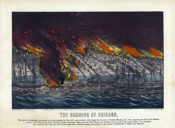Bird's-eye view of the Chicago fire of October 8, 1871. The hand-colored lithograph was published by Currier and Ives.