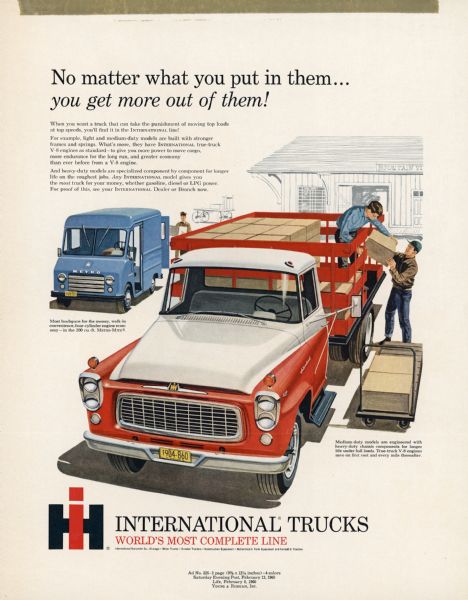 Advertising proof for International trucks, featuring color illustrations of a medium-duty stake truck and a Metro-Mite. Includes the text: "No matter what you put in them... you get more out of them!" and "World's Most Complete Line."