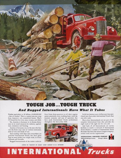 Advertising proof for "rugged" International trucks, featuring a color illustration of men log driving timber down a river with an International truck bearing a stack of logs behind them. Includes the text: "Tough Job...Tough Truck. And Rugged Internationals Have What It Takes."