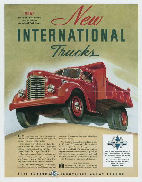 Advertising proof for International trucks, featuring a color illustration of a KB model truck. Includes the text: "Now! The Finest Values in More Than 40 Years of International Truck History."