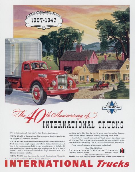 Advertising proof for International trucks, featuring a color illustration of a man in a uniform driving a truck, with a farm in the background. Includes the text: "The 40th Anniversary of International trucks."