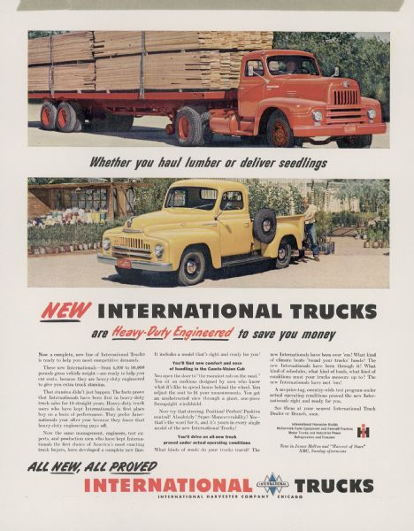 Advertising proof for International trucks, featuring color illustrations of a flatbed truck carrying lumber and a pickup truck carrying plants. Includes the text: "Whether you haul lumber or deliver seedlings, new International trucks are Heavy-Duty-Engineered to save you money."