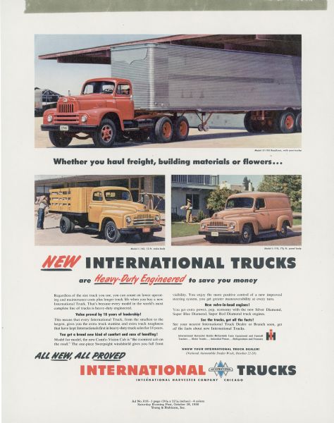 Advertising proof for International trucks, featuring color illustrations of a model LF-195 Roadliner with semi-trailer, a model L-162 12-ft. stake body, and a model L-110 7.5-ft. panel body. Includes the text: "Whether you haul freight, building materials or flowers... new International trucks are Heavy-Duty-Engineered to save you money."