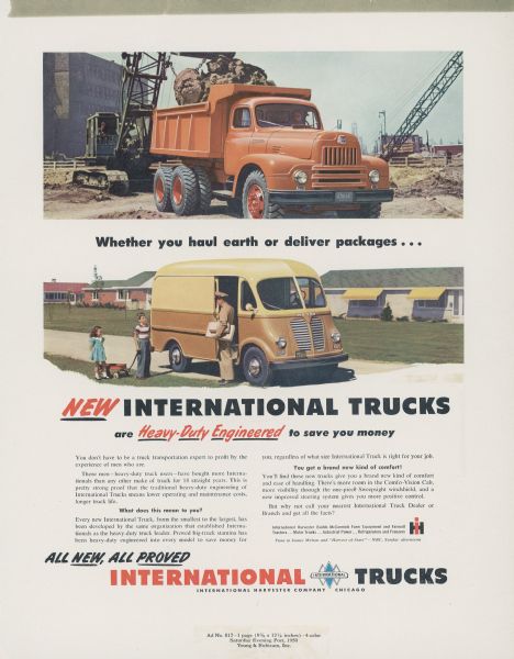 Advertising proof for International trucks, featuring color illustrations of men loading an International dump truck with dirt and a man delivering packages with a Metro. Includes the text: "Whether you haul earth or deliver packages... new International trucks are Heavy-Duty-Engineered to save you money."