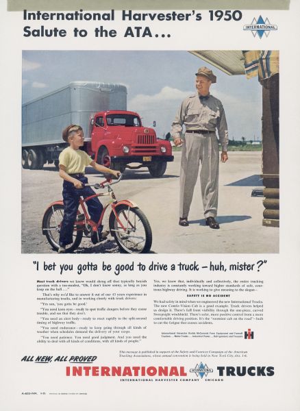 Advertising proof for International trucks, featuring a color photograph of a boy on a bicycle talking to a man with a truck behind them. Includes the text: "International Harvester's 1950 Salute to the ATA..." and "'I bet you gotta be good to drive a truck--huh, mister?'"