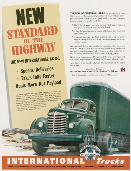 Advertising proof for International trucks, featuring a color illustration of a Model KB-8-1. Includes the text: "New Standard of the Highway The New International KB-8-1. Speeds deliveries, Takes hills faster, Hauls more net payload."