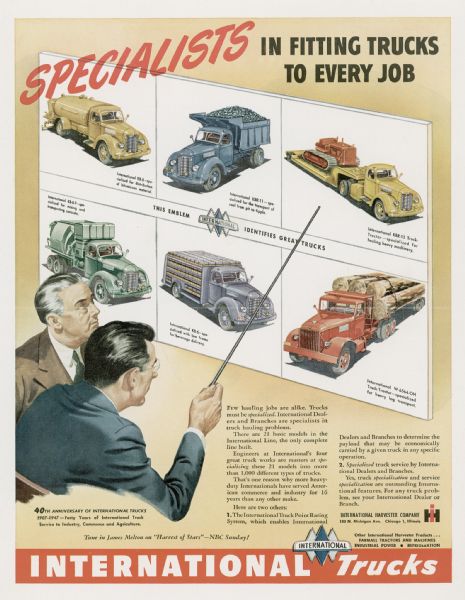 Advertising proof for International trucks, featuring a color illustration of two men looking at a chart of six truck models, including the KB-8, the KBR-11, the KBR-12, the KB-8-F, the KB-6, and the W-6564-OH truck-tractor. Includes the text: "Specialists in fitting trucks to every job."