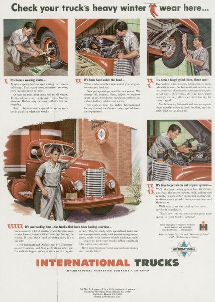 Advertising proof for International trucks, featuring color illustrations of a man checking and fixing various parts of a truck. Includes the text: "check your truck's heavy winter wear here..."