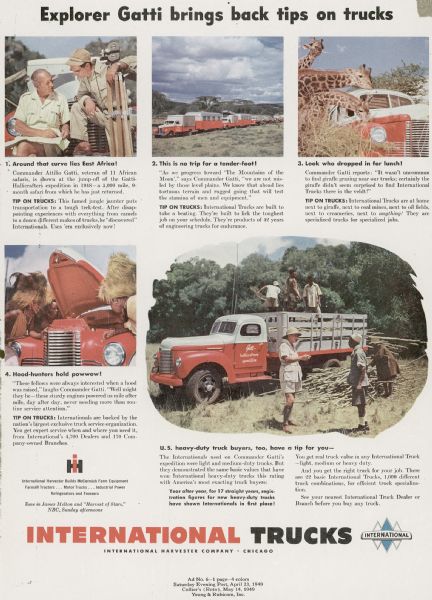 Advertising proof for International trucks, featuring color photographs relating to an expedition to Africa by explorer Attilio Gatti. Includes images of native Africans and giraffes. Also includes the text: "Explorer Gatti brings back tips on trucks."