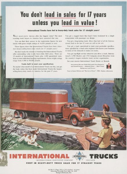 Advertising proof for International trucks, featuring a color illustration of a couple of boys waving at a passing semi-truck (tractor-trailer). Includes the text: "You don't lead in sales for 17 years unless you lead in value!"