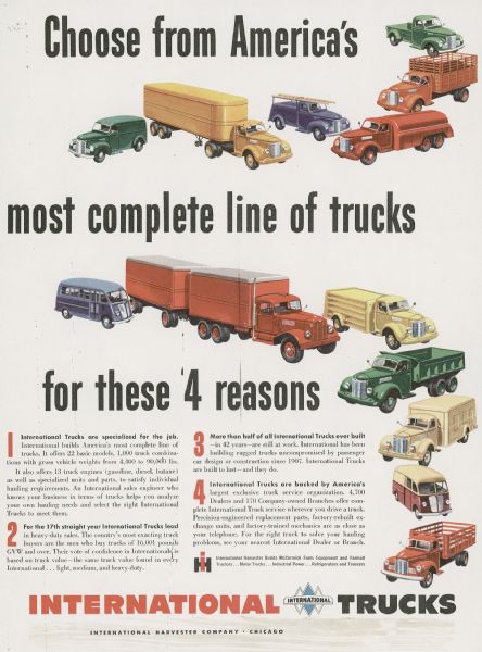 Advertising proof for International trucks, featuring color illustrations of many different kinds of trucks. Includes the text: "Choose from America's most complete line of trucks for these 4 reasons."